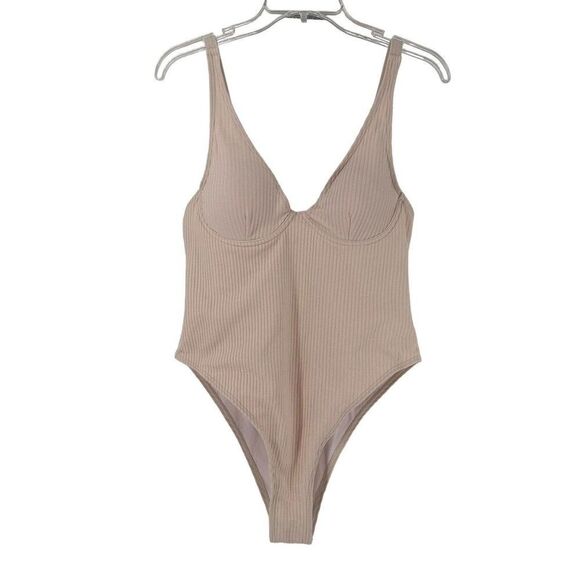 Ribbed Swimsuit One Piece Cream Size L Plunge V Neck High Cut Cheeky Swim Shein - Picture 1 of 7